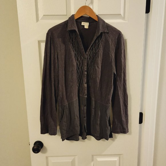 Anthropologie Meadow Rue Dark Grey 3/4 sleeve button down shirt Size L - Picture 9 of 15
